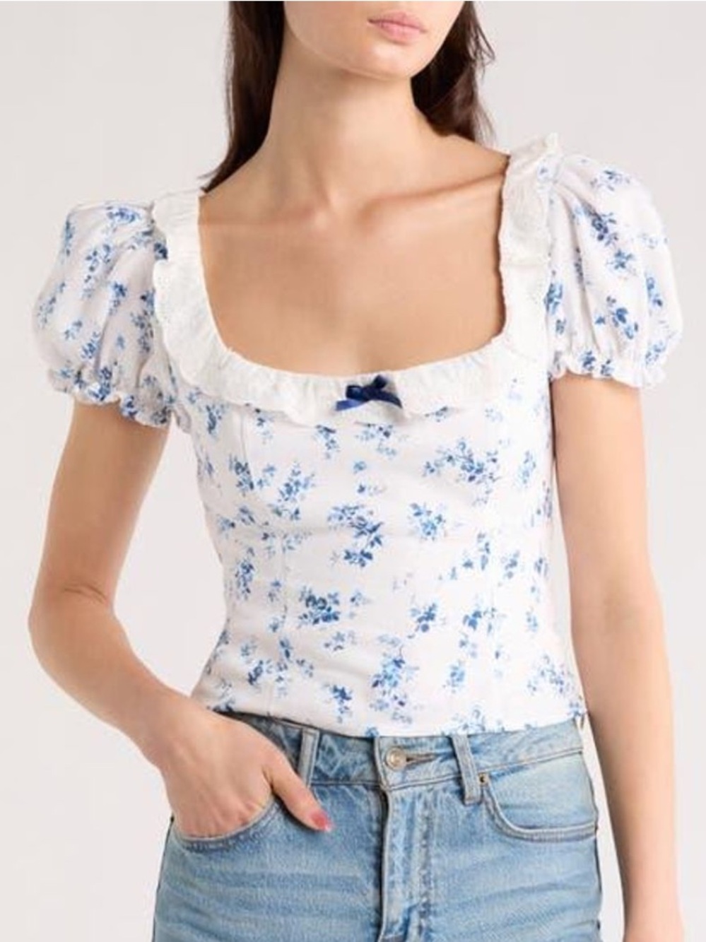 Reformation Alice White Puff Sleeve Top in Orlaya - Blue Floral Print